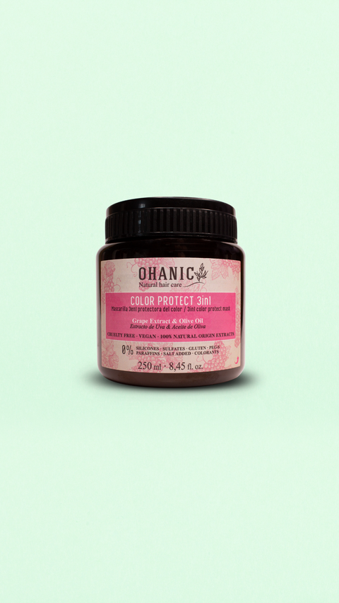 Flasche Ohanic Color Protect 3in1 Maske, 250 ml, mit Traubenextrakt und Olivenöl. Vegan, tierversuchsfrei, frei von Silikonen, Sulfaten, Farbstoffen, Paraffinen und Gluten.