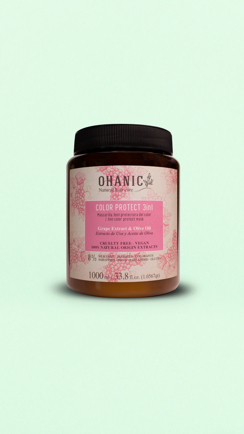 Flasche Ohanic Color Protect 3in1 Maske, 1000 ml, mit Traubenextrakt und Olivenöl. Vegan, tierversuchsfrei, frei von Silikonen, Sulfaten, Farbstoffen, Paraffinen und Gluten.