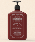 Bild einer 800 ml Flasche von Dr. Jackson Old School Barber Potion 3.0 Regulator & Revitalizer Effect Shampoo. Die große braune Flasche hat ein klassisches Design mit schwarzem Pumpspender und weißer Schrift. Das Shampoo enthält botanische Extrakte und bietet eine regulierende und revitalisierende Wirkung. Auf der Flasche steht in mehreren Sprachen 'Regulator & Revitalizer Effect Shampoo Botanical Extracts' und 'Efecto Regulador & Revitalizador Champú Extractos Botánicos'