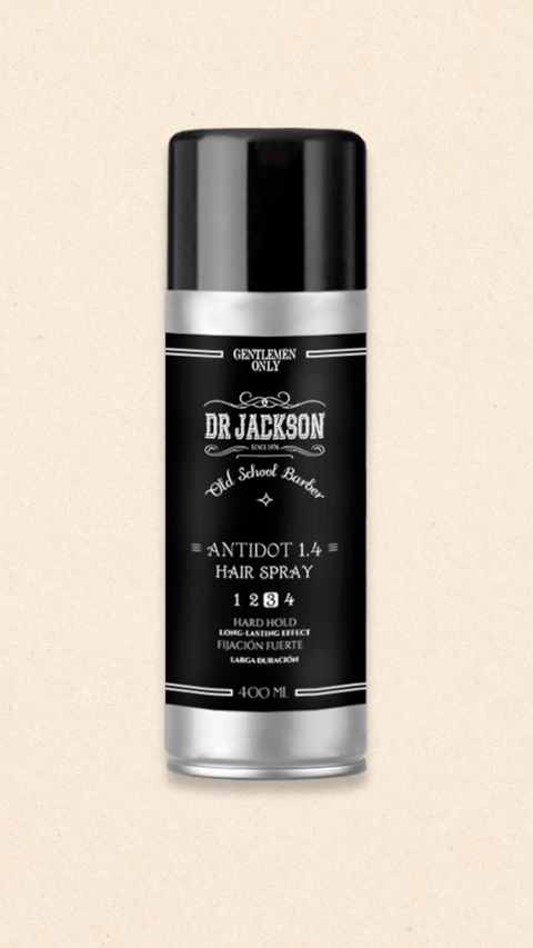 Bild einer 400 ml Sprühdose von Dr. Jackson Old School Barber Antidot 1.4 Hair Spray. Die schwarze Dose hat ein klassisches Design mit silbernem Deckel und weißer Schrift. Das Haarspray bietet starken Halt und einen langanhaltenden Effekt. Auf der Dose steht in mehreren Sprachen 'Hard Hold Long-Lasting Effect' und 'Fijación Fuerte Larga Duración'