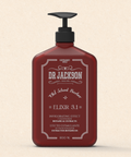 Bild einer 800 ml Flasche von Dr. Jackson Old School Barber Elixir 3.1 Invigorating Effect Conditioner. Die große braune Flasche hat ein klassisches Design mit schwarzem Pumpspender und weißer Schrift. Dieser Conditioner enthält botanische Extrakte und bietet einen belebenden Effekt. Auf der Flasche steht in mehreren Sprachen 'Invigorating Effect Conditioner Botanical Extracts' und 'Efecto Estimulante Acondicionador Extractos Botánicos'