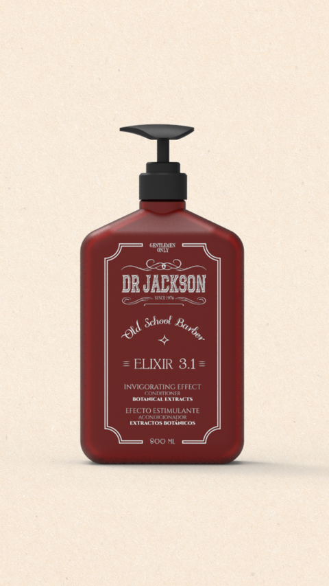 Bild einer 800 ml Flasche von Dr. Jackson Old School Barber Elixir 3.1 Invigorating Effect Conditioner. Die große braune Flasche hat ein klassisches Design mit schwarzem Pumpspender und weißer Schrift. Dieser Conditioner enthält botanische Extrakte und bietet einen belebenden Effekt. Auf der Flasche steht in mehreren Sprachen 'Invigorating Effect Conditioner Botanical Extracts' und 'Efecto Estimulante Acondicionador Extractos Botánicos'