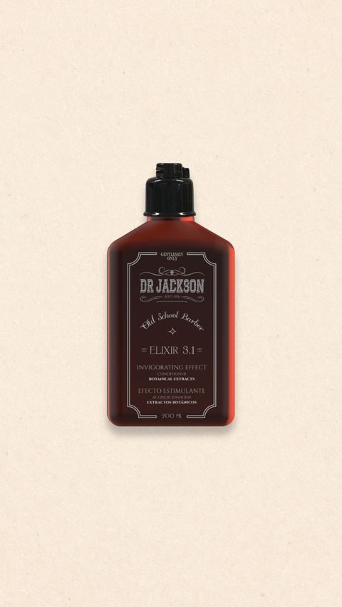 Bild einer 200 ml Flasche von Dr. Jackson Old School Barber Elixir 3.1 Invigorating Effect Conditioner. Die braune Flasche hat ein klassisches Design mit schwarzem Klappdeckel und weißer Schrift. Dieser Conditioner enthält botanische Extrakte und bietet einen belebenden Effekt. Auf der Flasche steht in mehreren Sprachen 'Invigorating Effect Conditioner Botanical Extracts' und 'Efecto Estimulante Acondicionador Extractos Botánicos'