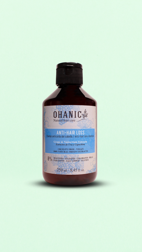 Flasche Ohanic Anti-Haarausfall-Shampoo, 250 ml, mit Trauben- und Kapuzinerkresse-Extrakt. Vegan, tierversuchsfrei, frei von Silikonen, Sulfaten, Farbstoffen, Paraffinen und Gluten.