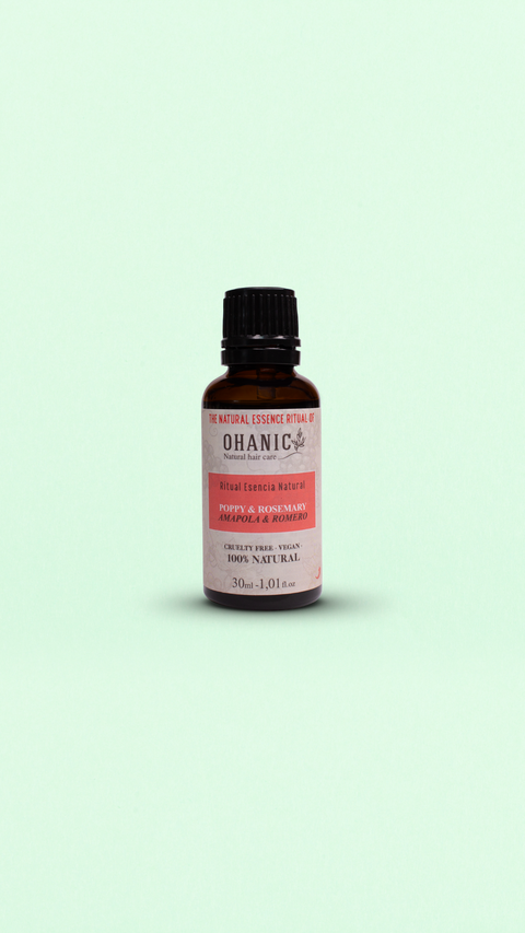 lasche Ohanic Essence Poppy und Rosemary, 30 ml, mit Mohn- und Rosmarinextrakten. Vegan, tierversuchsfrei, 100 % natürlich, frei von Silikonen, Sulfaten, Farbstoffen, Paraffinen und Gluten.