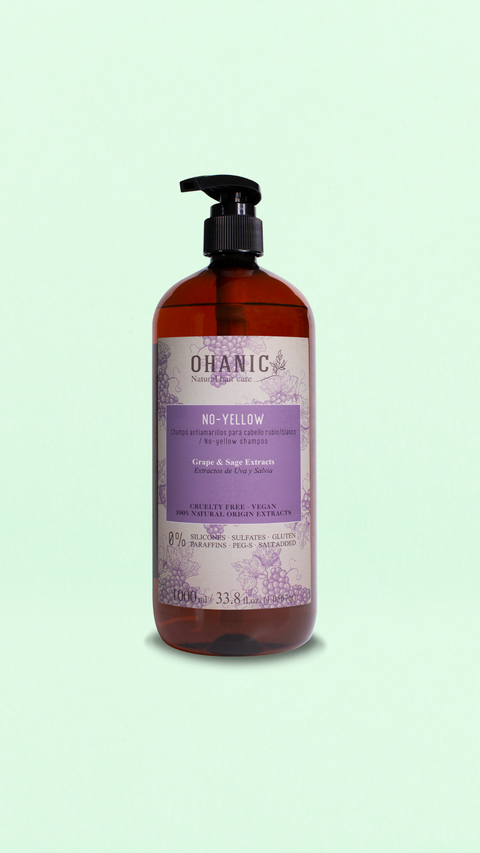 Flasche Ohanic No-Yellow Shampoo, 1000 ml, mit Trauben- und Salbeiextrakt. Vegan, tierversuchsfrei, frei von Silikonen, Sulfaten, Farbstoffen, Paraffinen und Gluten.
