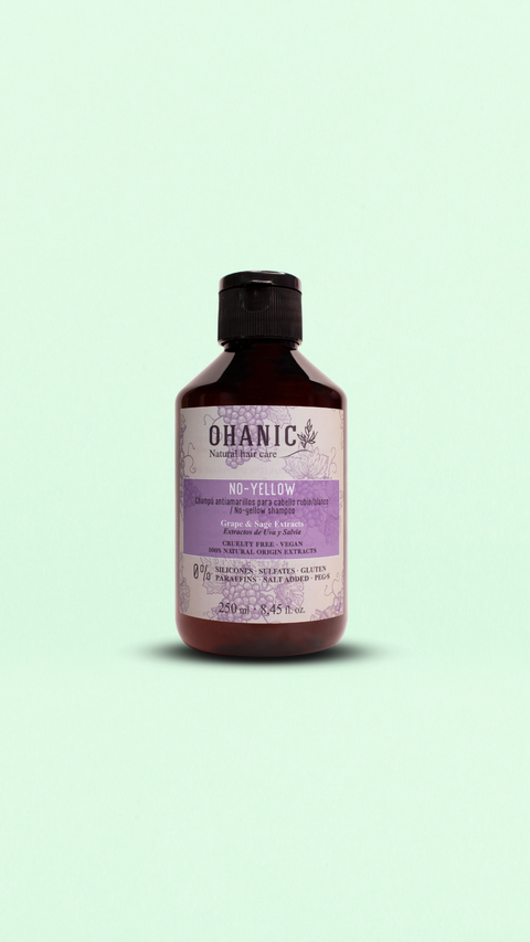 Flasche Ohanic No-Yellow Shampoo, 250 ml, mit Trauben- und Salbeiextrakt. Vegan, tierversuchsfrei, frei von Silikonen, Sulfaten, Farbstoffen, Paraffinen und Gluten.